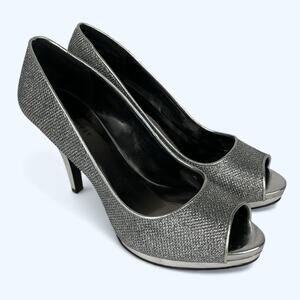 Nine West Danee Peep Toe Pumps Platform High Heels 7.5M Silver Glitter